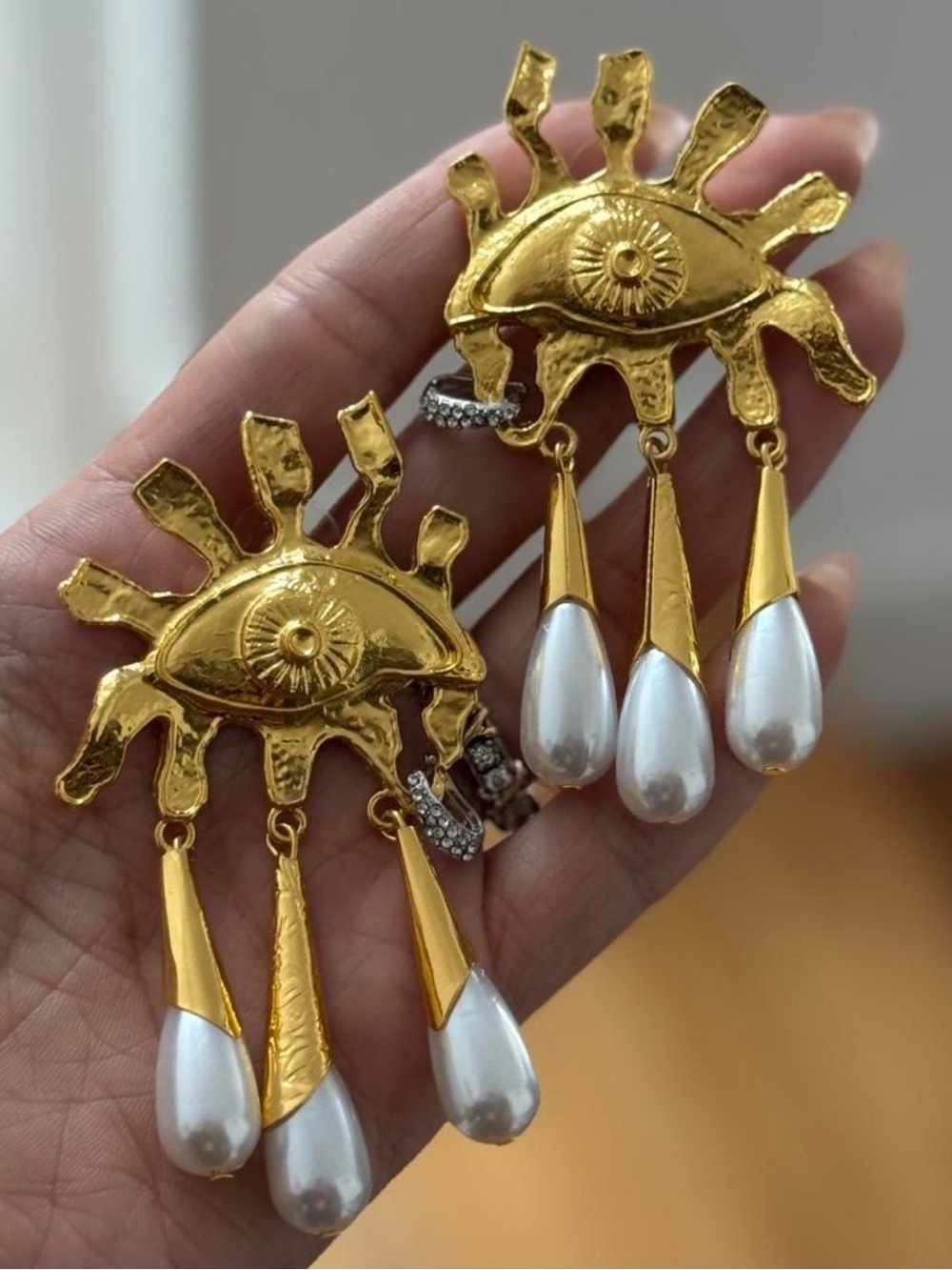 Vintage Gold Eye Drop Earrings with White Pearl Teardrops
